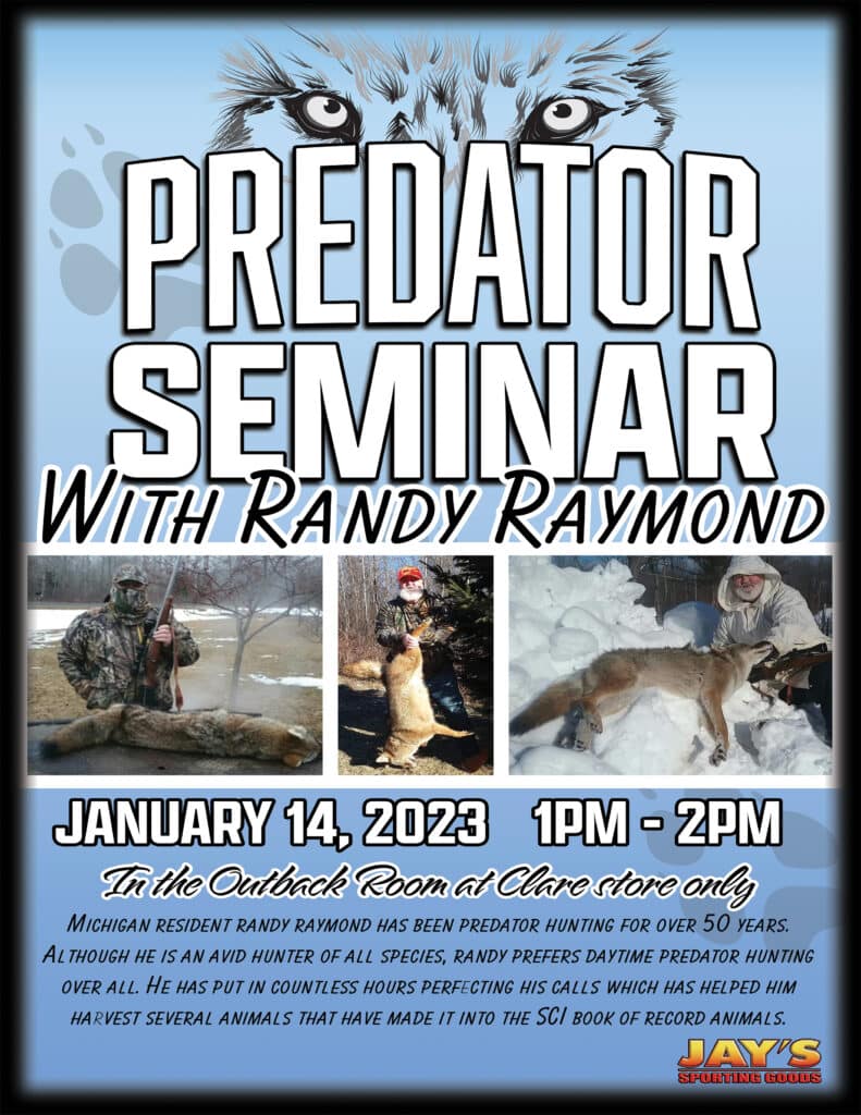 predator hunting event marketing materials with event info. Seminar Jan 14 from 1-2p